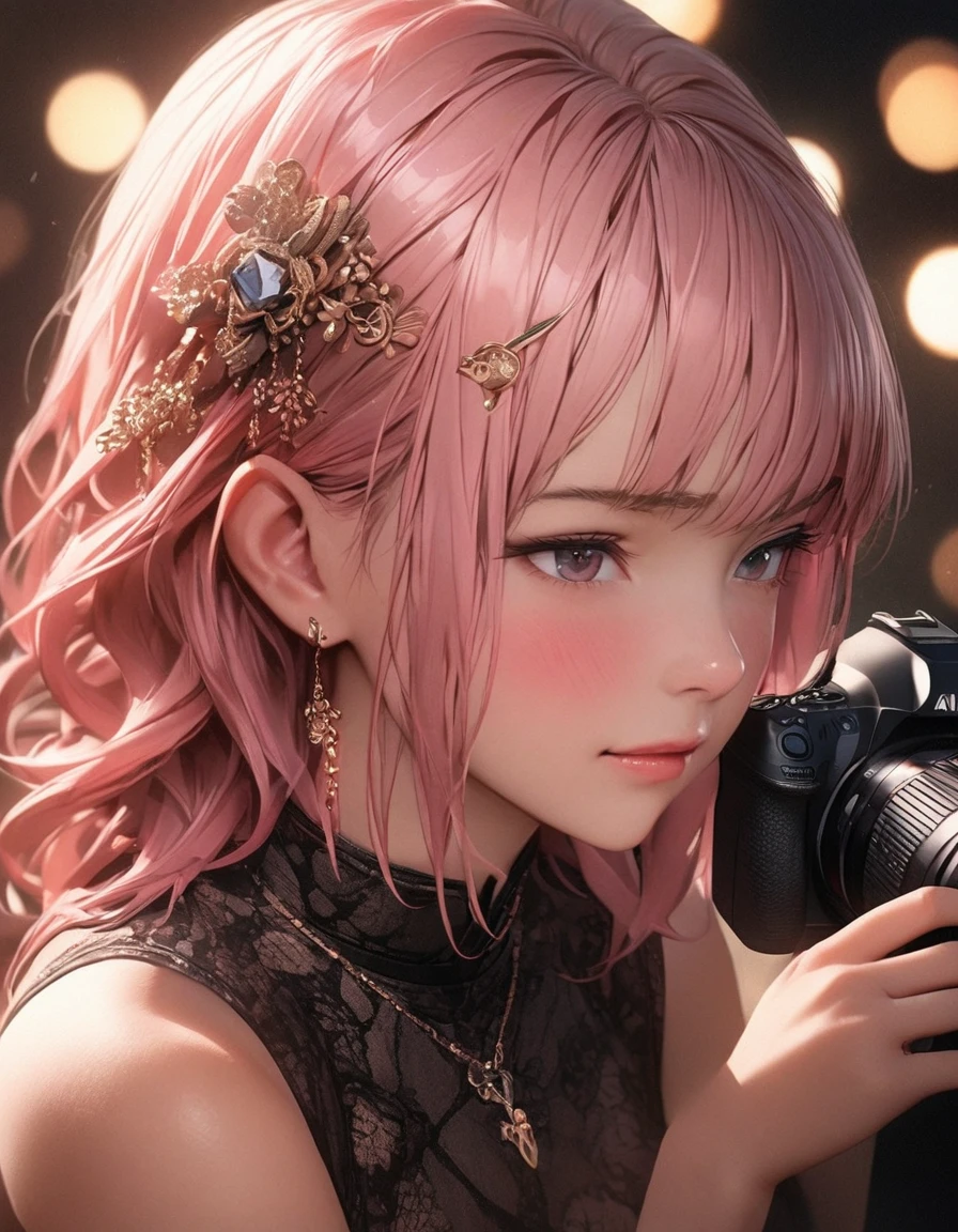 best quality, masterpiece, highres, 1girl,china dress,hair ornament,necklace, jewelry,Beautiful face,upon_body, tyndall effect,photorealistic, dark studio, rim lighting, two tone lighting,(high detailed skin:1.2), 8k uhd, dslr, soft lighting, high quality, volumetric lighting, candid, Photograph, high resolution, 4k, 8k, Bokeh, pink hair, nude,