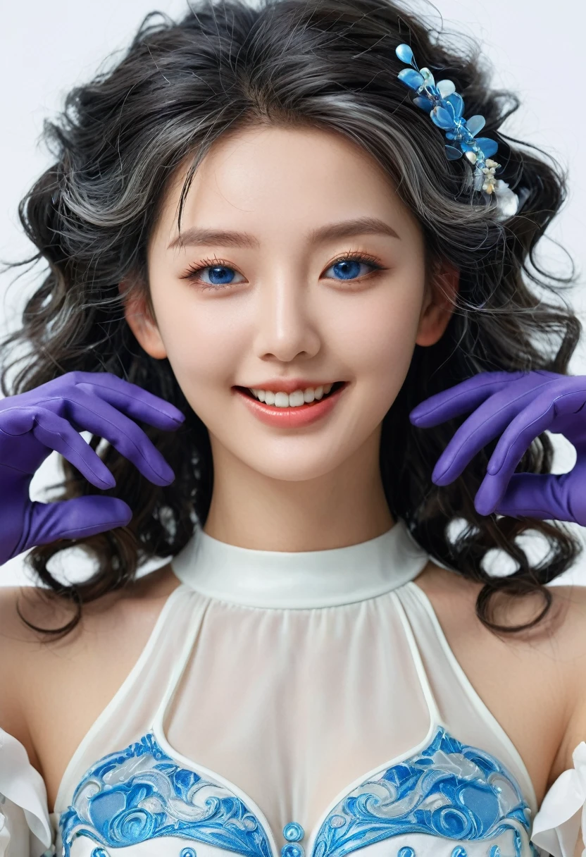 korean,realistic, masterpiece, final details, photo realistic, intricate details, octane rendering, 8k, 1 girl, perfect face, pretty face, NSW Sports Federation, Slot Reference, detailed hair,, black curtsey, black Gloves, black legs, blue eyes, blue hair, curtsey, clavicle, skirt, Drilling hair, flounce, flounce, Gloves, Gwen, headskirt, high resolution, long hair, open your mouth, puff sleeves, purple eyes, laugh, lonely, white skirt, oily skin,