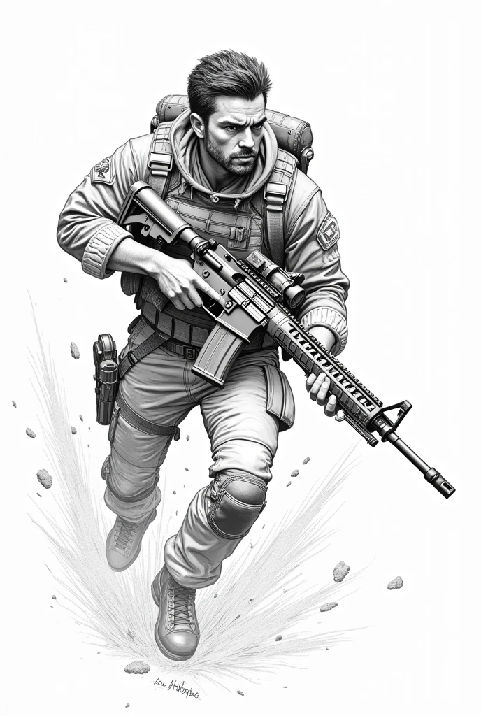 Black and white drawing fine lines of warrior rescuer with m16