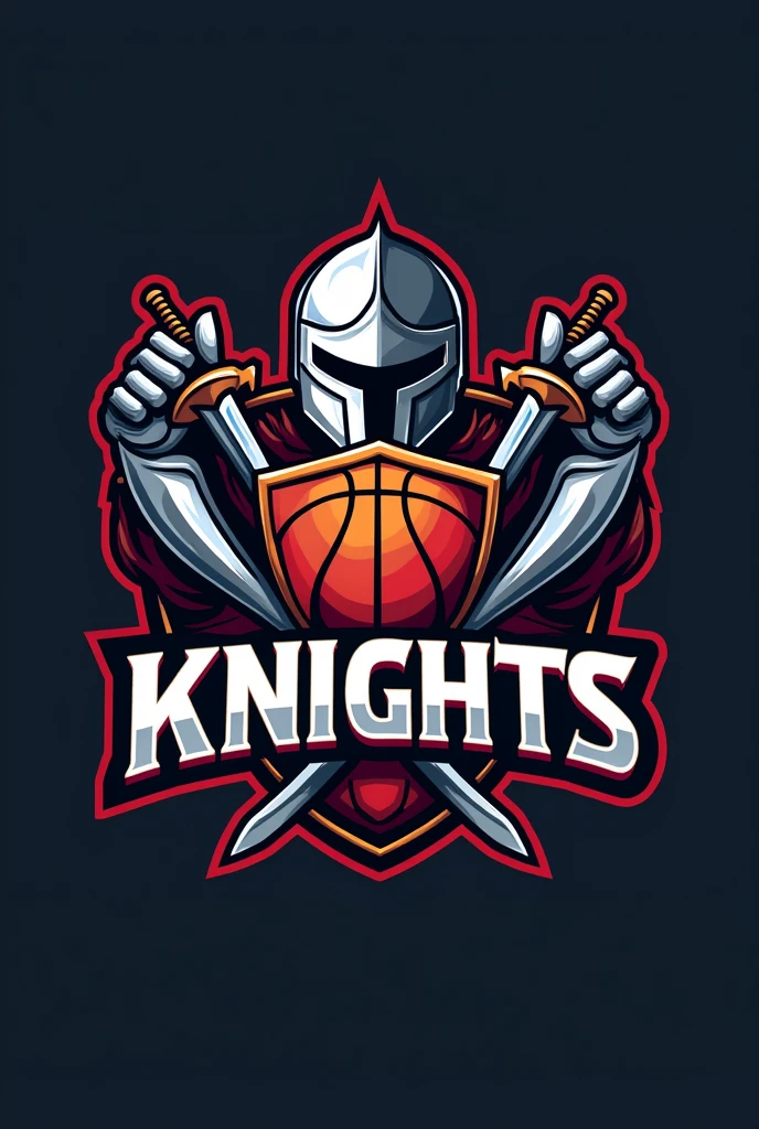 Create a team logo entitled MNP KNIGHTS in that logo there's a one ball and the half side is for volleyball and the other side is for basketball. The design is two hands with swords and a shield. Include in the logo the word MNP KNIGHTS