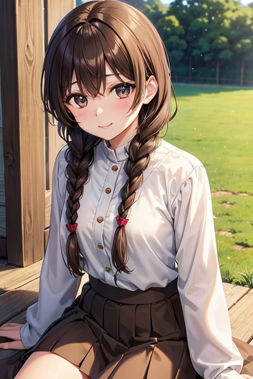 Yuno Shimazu、Shiny brown hair,Long Hair,  、((2 braids:1.5、Hair that falls over the shoulders)),Beautiful brown eyes、Sparkling eyes, Fine grain、smile、Ultra-detailed eyes、Highly detailed face, Highly detailed eyes,Cowboy Shot、

 

masterpiece, Highest quality, High resolution,  Black Shirt, Fits perfectly to the skin, BREAK brown skirt,  Sitting, wariza,  Grass, Field,