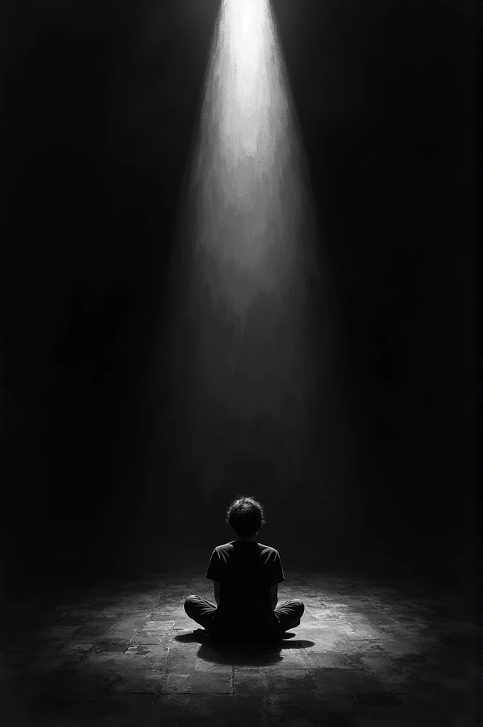 Person sitting in the dark with a light above illuminating only the person, black and white drawing 