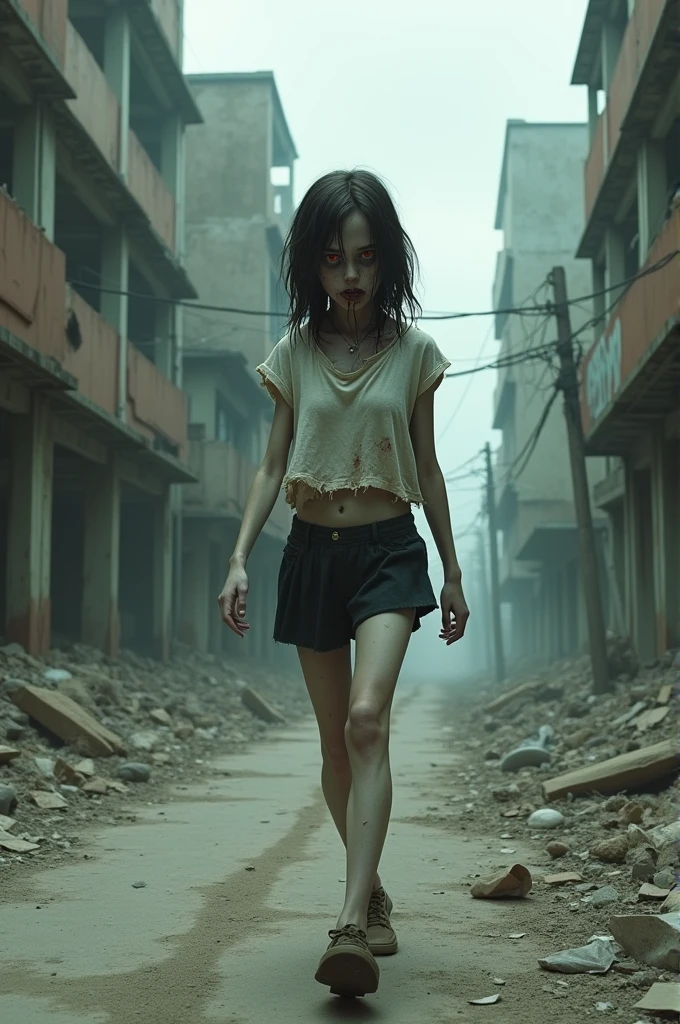 A young zombie girl, girl, walking down the street in a short torn T-shirt, from under which her dead pale skin is visible.
Walks down the street of an abandoned city, looking with her red eyes.