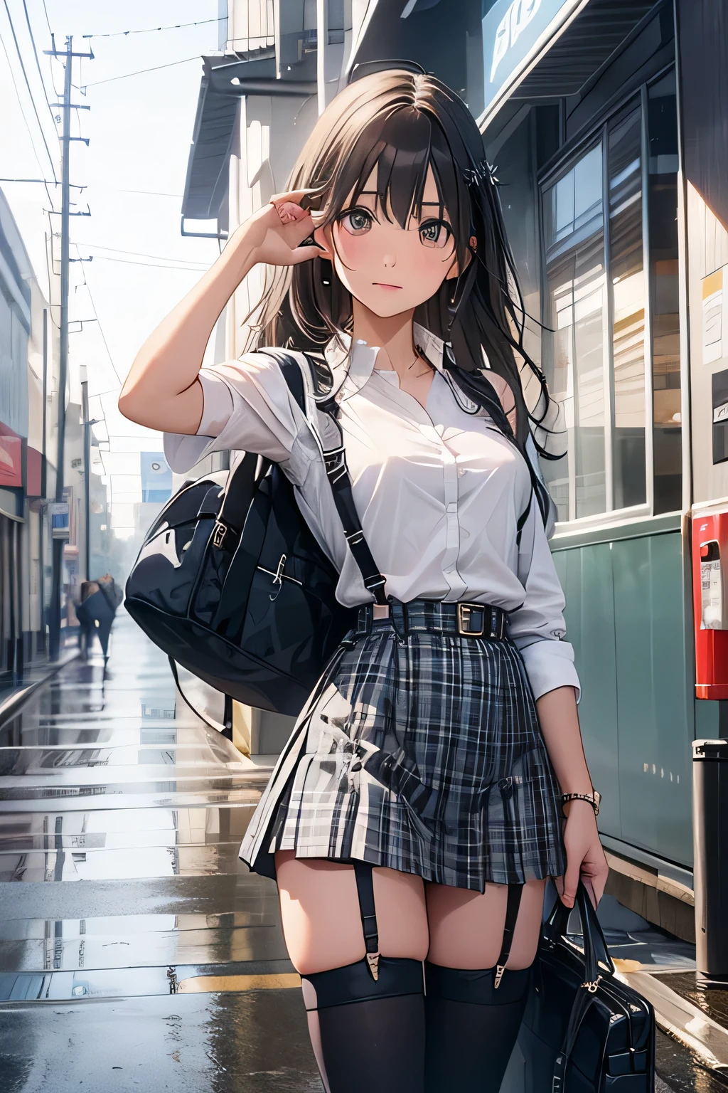 1 female, , high quality, masterpiece, Ultra-high resolution, Cinema Lighting, 1 female, , high quality, masterpiece, Ultra-high resolution, , Cinema Lighting, suspenders Moderate breasts Small face Looking up Sweat Thin belt buzzer 脇Sweat garter belt Belt on pants holster Hands behind your back Looking up Anxious face Knee-high Knee socks Knee-highソックス garter ふとももにgarter belt Checkered mini skirt Panty shot Skirt gap Armament holster holster Hands behind your back Anxious expression Anxious face, legs apart Armament Leg Holster holster See-through clothing heavy rain Rain-soaked dress shirt,Moderate breasts ガーターbelt suspenders Garter on the thigh Checkered mini skirt Looking up Pause belt Armpit sweat Hands behind back Raise your hands