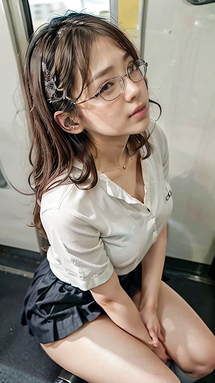 ((Leaning against the door on a Japanese commuter train:1.3)、Woman standing near the door on a train looking out the window:1.5、Office lady commuting on the Yamanote Line)、(Realistic、Like a photograph、Live Action、8k, Realistic, RAW Photos, Best image quality: 1.4), Single-lens reflex camera、RAW Photos, Highest quality, Realistic, Highly detailed CG Unity 8k wallpaper, Written boundary depth, Cinematic Light, Lens flare, Ray Tracing, Realistic background、((Ultra-Dense Skin))、 23-year-old woman、Cute Japan OL、(whole body:1.5)、((White blouse、Black pleated skirt:1.5、Over the knee socks:1.44、Absolute area)、Wear glasses)、Very detailedな顔,(avert your eyes:1.5、Look at this)、(Long Hair:1.2、I like that style、stylish、Very detailed、Pay attention to the details、Perfect outfit、(Sunburned skin)、Front view、Accurate hands、Accurate legs、Detailed hands and fingers、Anatomically correct body、Thin legs、Thin thighs、Large Breasts、Very detailedな顔、Side view