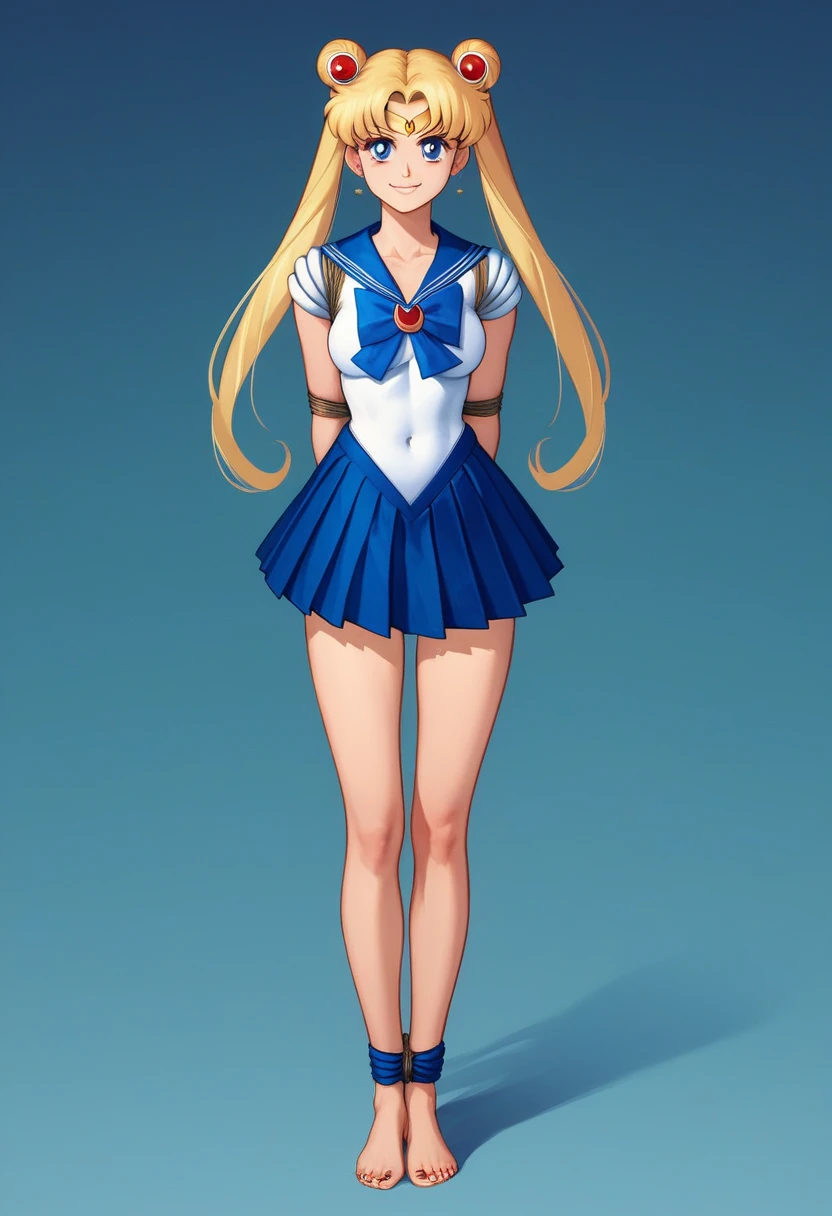 masterpiece, best quality, absurdres, perfect antomy, 1girl, solo, SMMoon, 1990s \(style\), blonde sailor moon, standing, smile, cowboy shot, sailor senshi uniform, sailor collar, blue skirt, ultra mini skirt, ( FULL BODY),(((,barefoot))), 5 toes, black toe nails, Focus full body, tied ankles together, tied arms, solo, on dungeon 