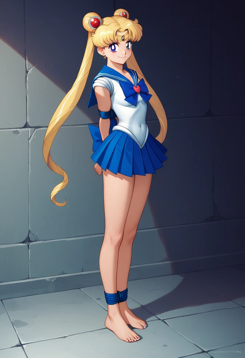 masterpiece, best quality, absurdres, perfect antomy, 1girl, solo, SMMoon, 1990s \(style\), blonde sailor moon, standing, smile, cowboy shot, sailor senshi uniform, sailor collar, blue skirt, ultra mini skirt, ( FULL BODY),(((,barefoot))), 5 toes, black toe nails, Focus full body, tied ankles together, tied arms, solo, on dungeon 