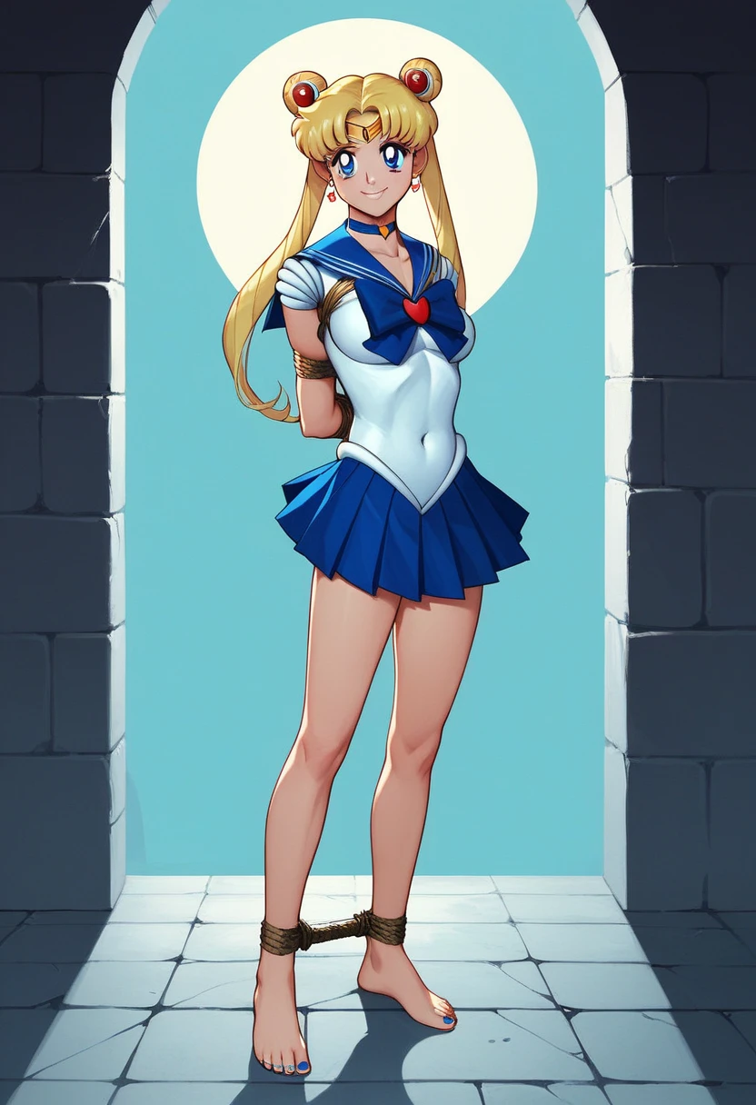 masterpiece, best quality, absurdres, perfect antomy, 1girl, solo, SMMoon, 1990s \(style\), blonde sailor moon, standing, smile, cowboy shot, sailor senshi uniform, sailor collar, blue skirt, ultra mini skirt, ( FULL BODY),(((,barefoot))), 5 toes, black toe nails, Focus full body, tied ankles together, tied arms, solo, on dungeon 