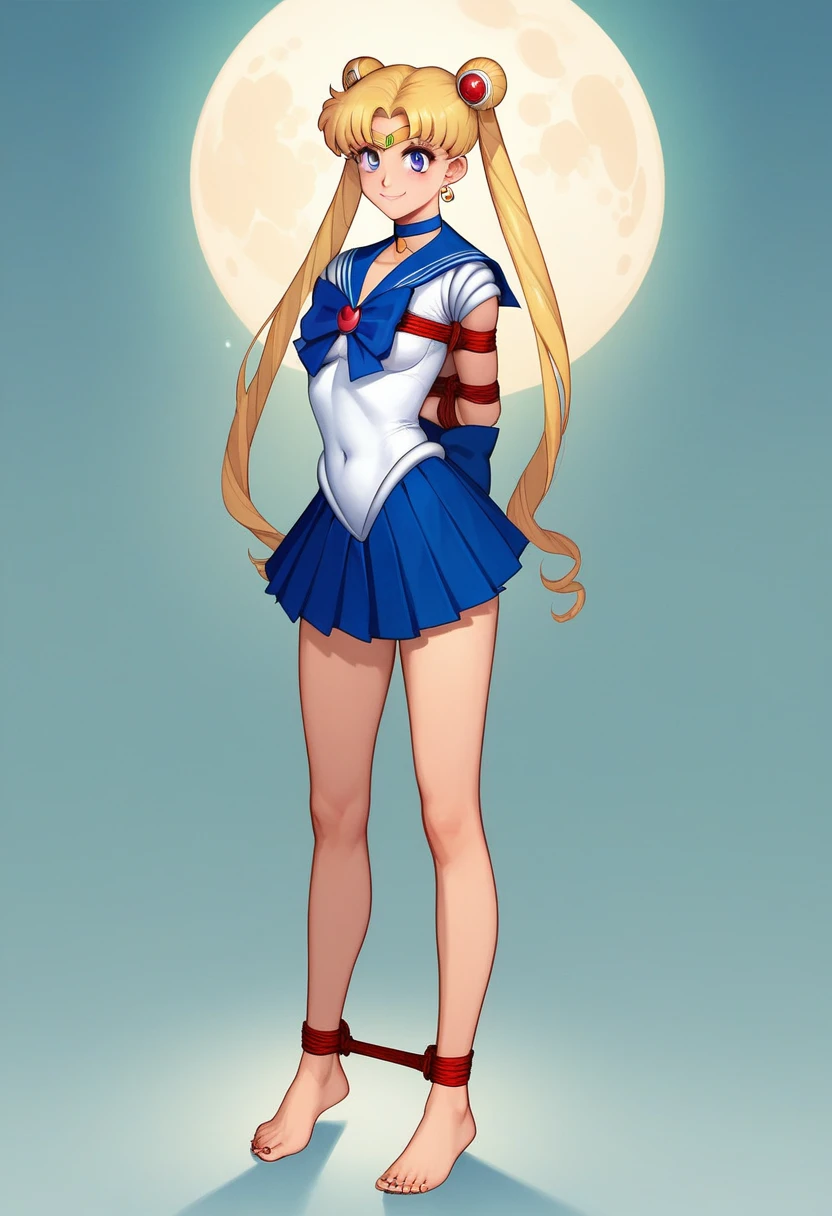 masterpiece, best quality, absurdres, perfect antomy, 1girl, solo, SMMoon, 1990s \(style\), blonde sailor moon, standing, smile, cowboy shot, sailor senshi uniform, sailor collar, blue skirt, ultra mini skirt, ( FULL BODY),(((,barefoot))), 5 toes, black toe nails, Focus full body, tied ankles together, tied arms, solo, on dungeon 