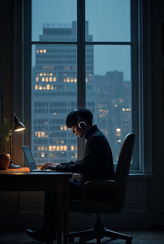 I have headphones on.。a rainy night in the city。studying in a tower mansion。stylish in a dimly lit room。An emo space