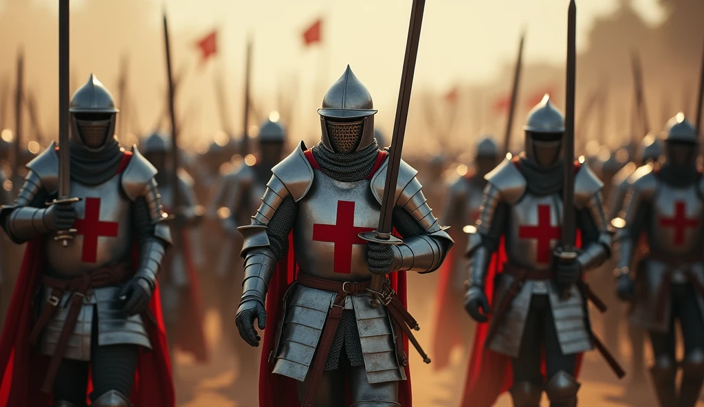 A highly realistic, high-contrast, 8K HD, detailed, hyper-detailed scene of knights from the provided image, wearing steel helmets and armor with red crosses on their tunics, marching forward with their swords raised high. They are advancing towards an enemy army clad in armor, but without the red cross emblem. The battlefield is charged with tension as the knights move with determination and strength, ready for combat. The dramatic lighting highlights the polished armor and the intensity of the moment. The ground is dusty, and the atmosphere is filled with anticipation of the impending clash. The image is of the highest quality, with ultra-high resolution, RAW photo quality, and Unreal Engine rendering, capturing the power and resolve of these warriors as they prepare to engage the enemy.
