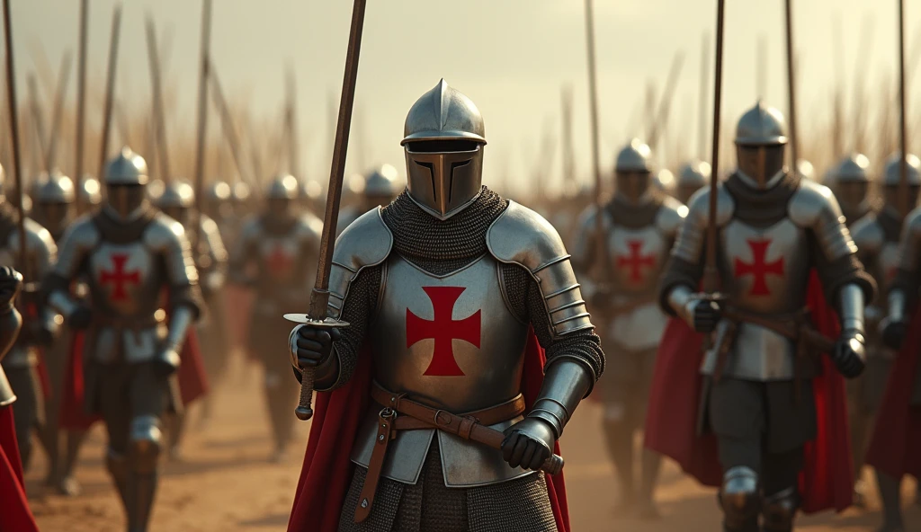 A highly realistic, high-contrast, 8K HD, detailed, hyper-detailed scene of knights from the provided image, wearing steel helmets and armor with red crosses on their tunics, marching forward with their swords raised high. They are advancing towards an enemy army clad in armor, but without the red cross emblem. The battlefield is charged with tension as the knights move with determination and strength, ready for combat. The dramatic lighting highlights the polished armor and the intensity of the moment. The ground is dusty, and the atmosphere is filled with anticipation of the impending clash. The image is of the highest quality, with ultra-high resolution, RAW photo quality, and Unreal Engine rendering, capturing the power and resolve of these warriors as they prepare to engage the enemy.
