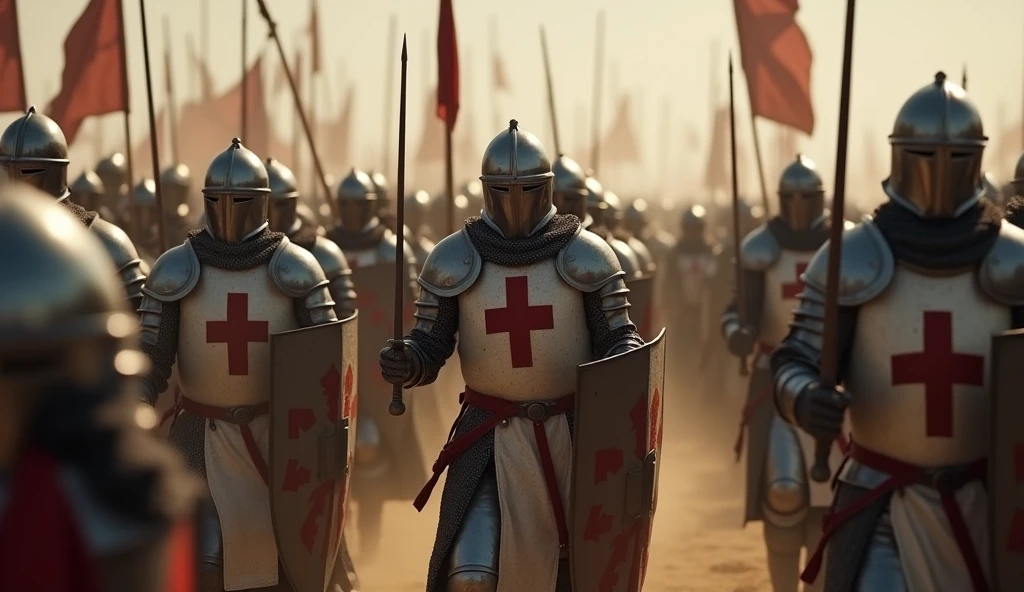 A highly realistic, high-contrast, 8K HD, detailed, hyper-detailed scene of knights from the provided image, wearing steel helmets and armor with red crosses on their tunics, marching forward with their swords raised high. They are advancing towards an enemy army clad in armor, but without the red cross emblem. The battlefield is charged with tension as the knights move with determination and strength, ready for combat. The dramatic lighting highlights the polished armor and the intensity of the moment. The ground is dusty, and the atmosphere is filled with anticipation of the impending clash. The image is of the highest quality, with ultra-high resolution, RAW photo quality, and Unreal Engine rendering, capturing the power and resolve of these warriors as they prepare to engage the enemy.