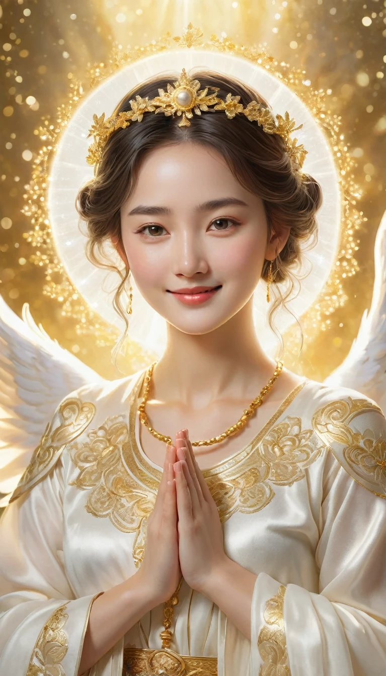 "It depicts an image of a woman with an expression of joy, She wears traditional European clothing. She is depicted with an angelic theme, With a shining halo、Includes a shimmering background that suggests a heavenly atmosphere. Her hands are gently clasped together in a gesture of prayer or gratitude. The clothing is white with gold accents., Reflects a ceremonial style. The overall impression of the image should be one of innocence and purity., The soft glow enhances the magical atmosphere.."