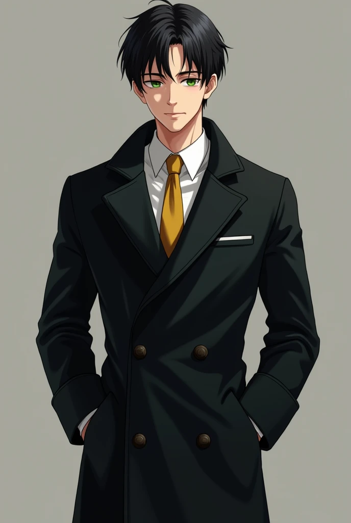 Best quality, high detailed, 8K quality, 4k resolution, Full body japanese man, Handsome，youth，Thin but fit body，Beautiful muscle lines，Green iris，Black short hair，Hands in pockets，Black coat＋Black lining，178cm，Handsome，Gold tie