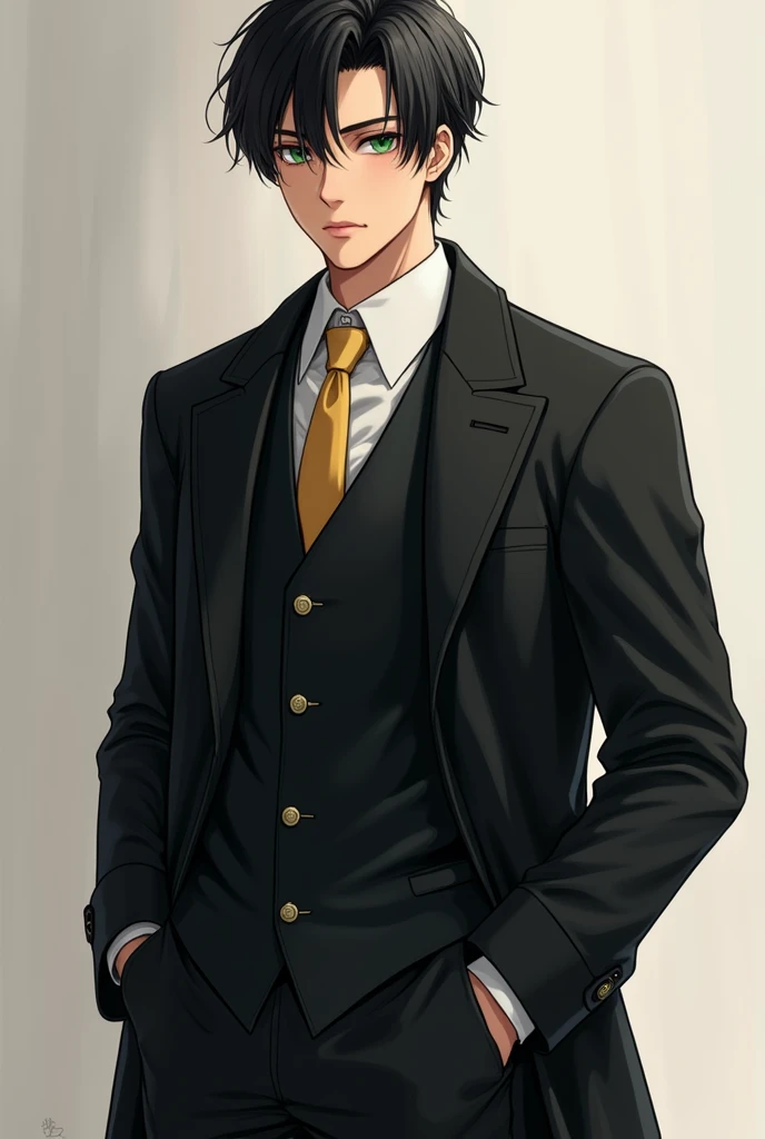 Best quality, high detailed, 8K quality, 4k resolution, Full body japanese man, Handsome，youth，Thin but fit body，Beautiful muscle lines，Green iris，Black short hair，Hands in pockets，Black coat＋Black lining，178cm，Handsome，Gold tie