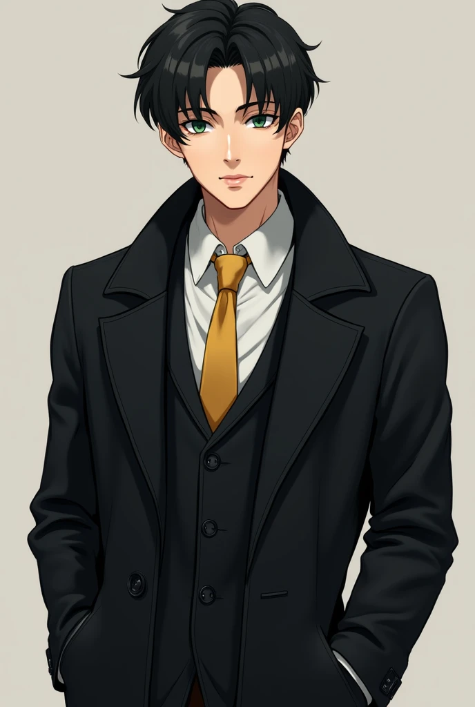 Best quality, high detailed, 8K quality, 4k resolution, Full body japanese man, Handsome,youth,Thin but fit body,Beautiful muscle lines,Green iris,Black short hair,Hands in pockets,Black coat+Black lining,178cm,Handsome,Gold tie