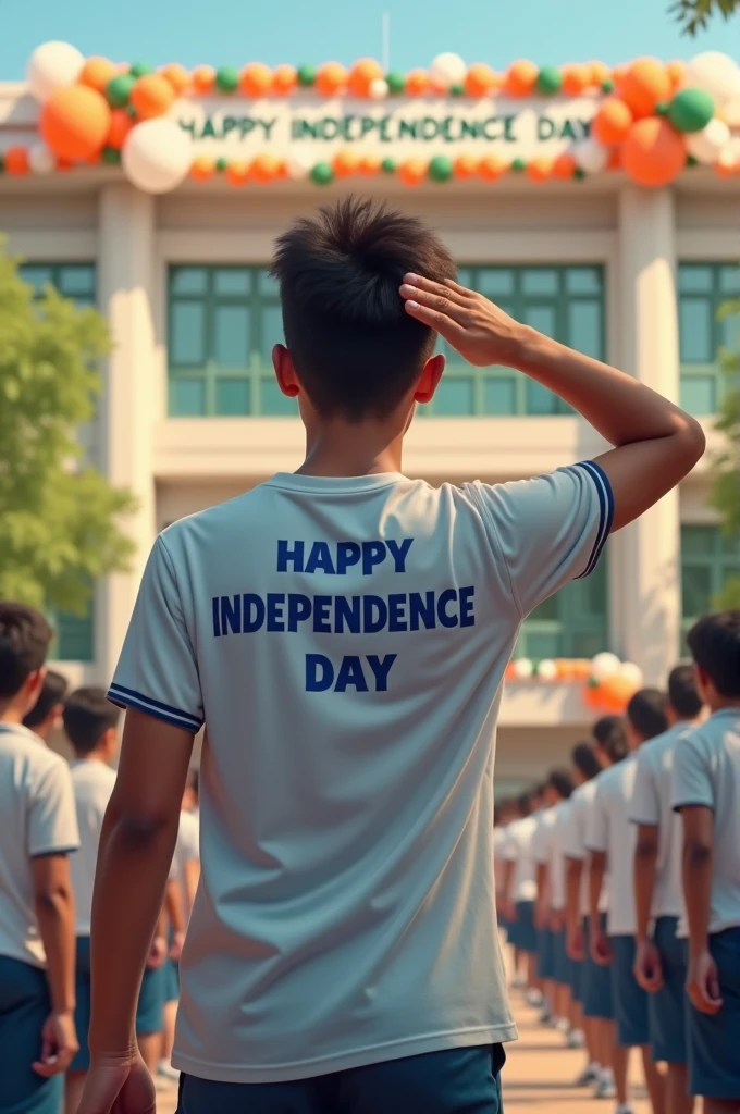 A patriotic 18-year-old boy named  Dharmveer  stands proudly in front of his school, saluting the Indian tricolor flag. He's wearing a white t-shirt with "  Dharmveer " printed on the back in bold blue letters. The school building is decorated with orange, white, and green balloons. A large banner reads "HAPPY INDEPENDENCE DAY" in the background.