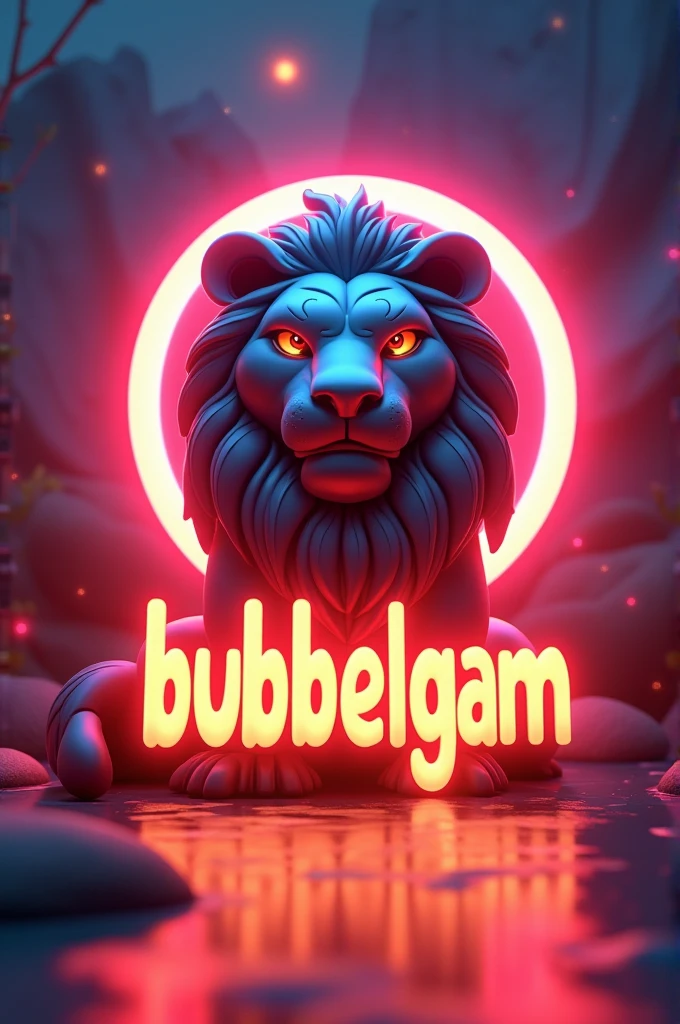 3D lion logo design with a glowing background and the text 'bubbelgam' in the center