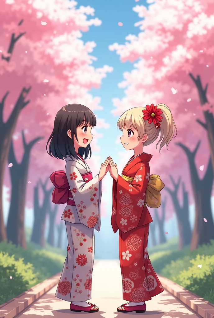 Can U give me like two Japanese girls greeting each other while they wear their traditional costume and behind them is a sakura trees and all those beautiful trees. Make sure they are not real world women and just animation