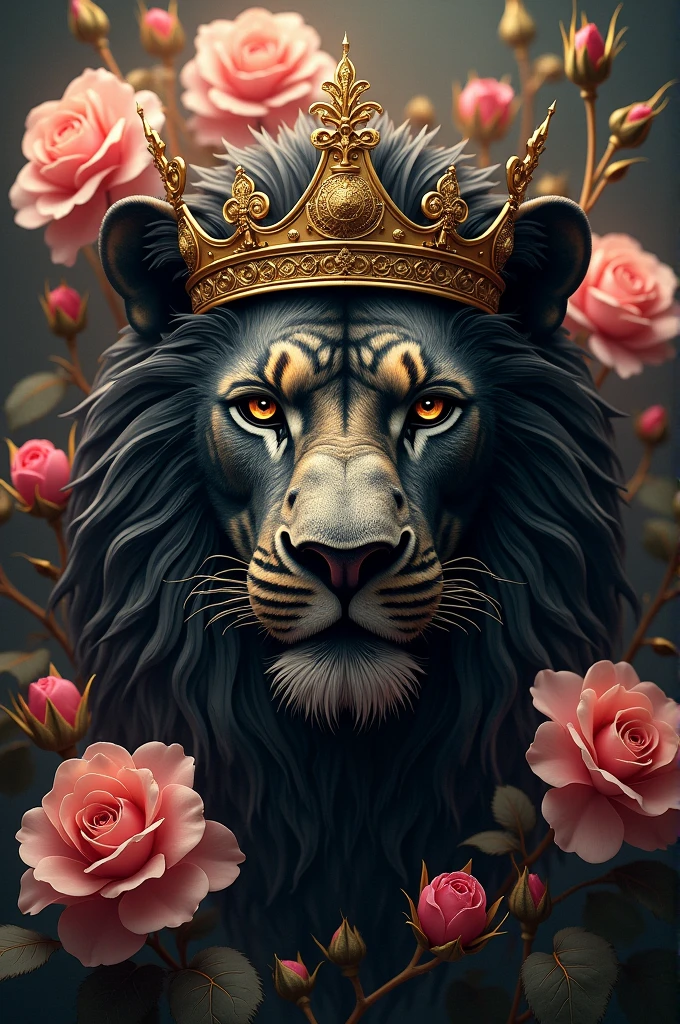 Lion head,crown,black,gold,Roses,Sakura,mystical touch