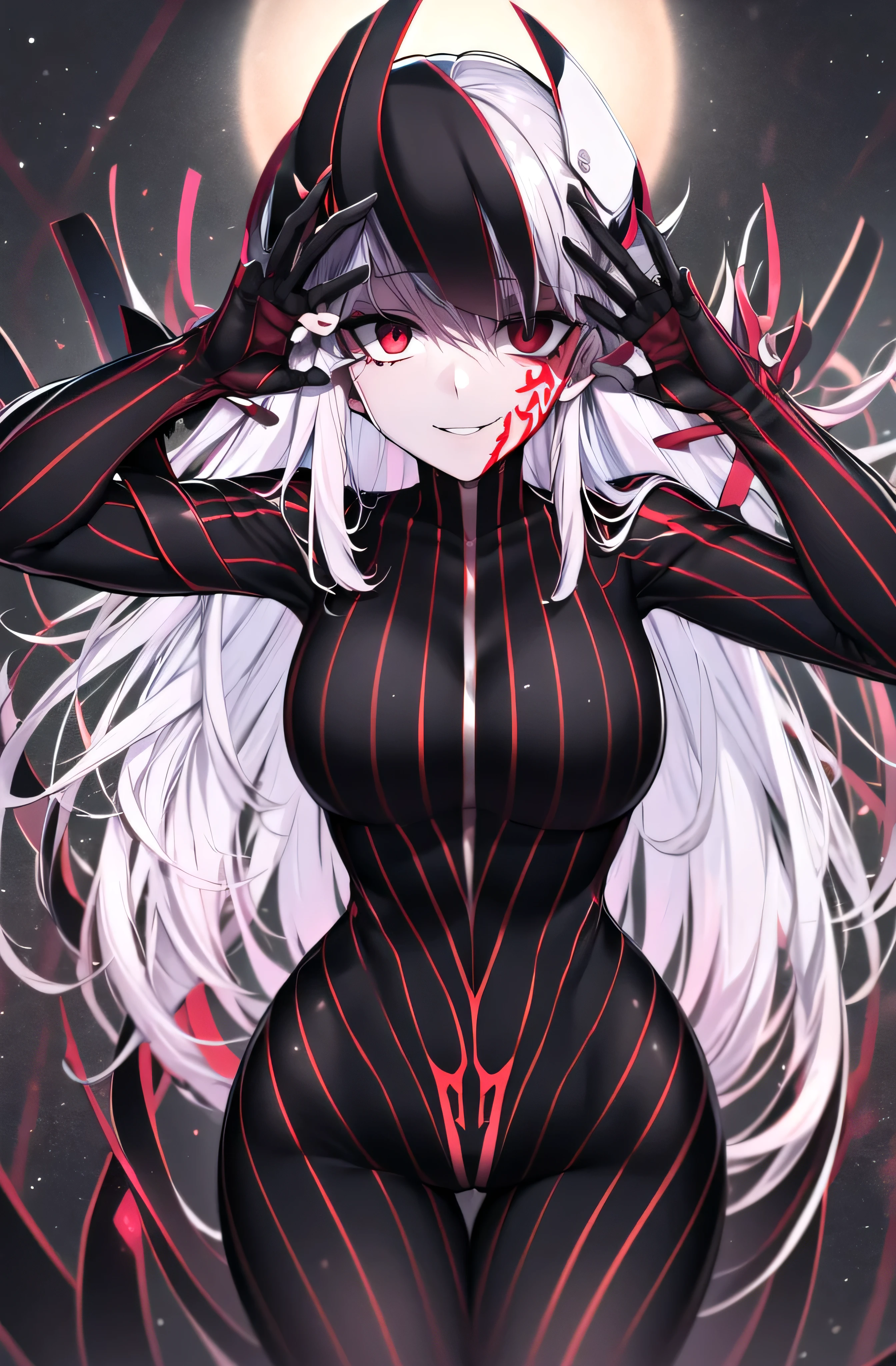 Black full body suit　Red lines all over the body　Girl　Attractions　Laughter　barefoot,Embodiment of evil,black and pink background,looking down at viewer,looking at view,look down,