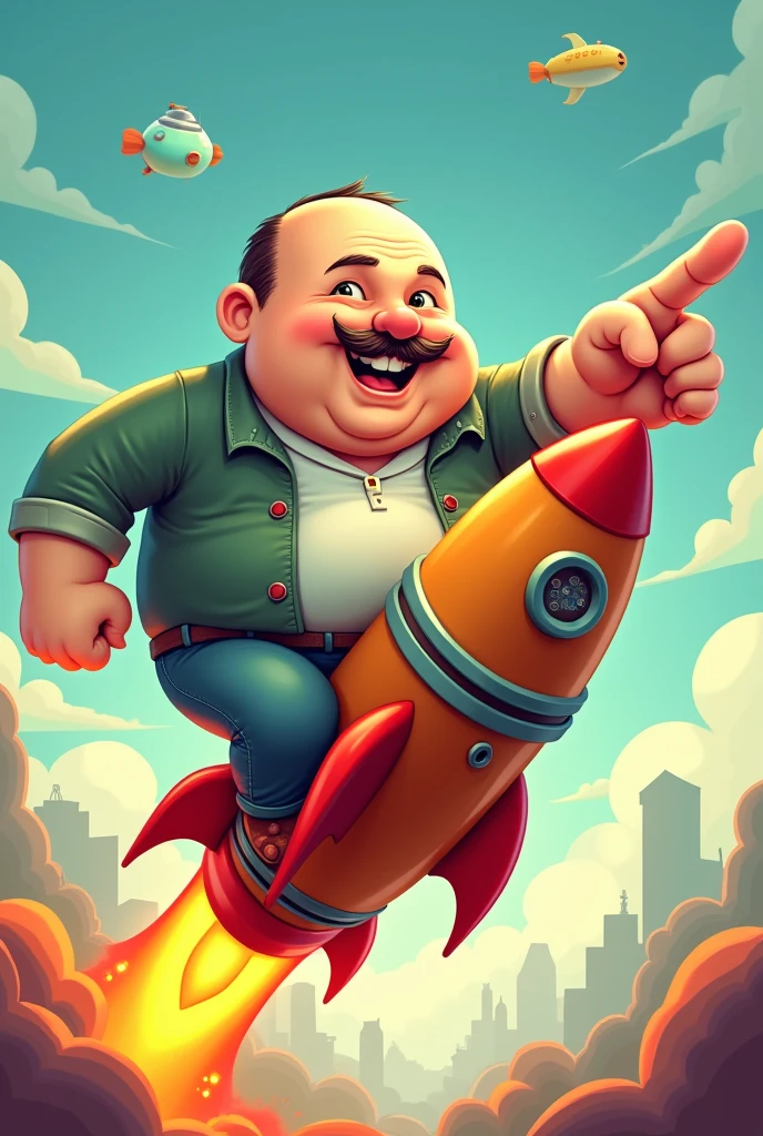Cartoon image format, of a man , overweight, looking 50 years old, riding a rocket and pointing forward.