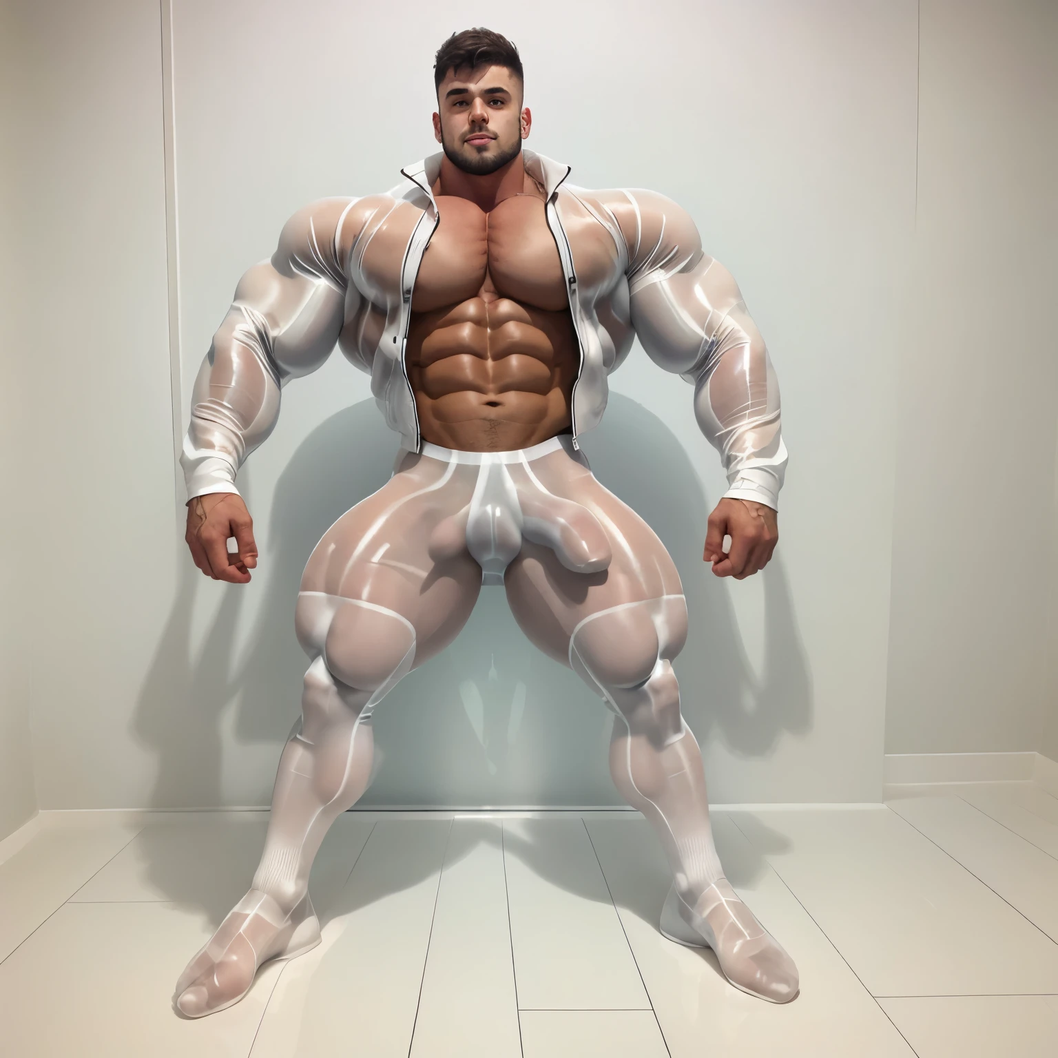 full body view, one handsome bodybuild 18 yo boy , massive, swollen muscles, bodybuilder posing in white transparent PVC biker jacket, tight white transparent latex breeches, white transparent latex socks, no shoes