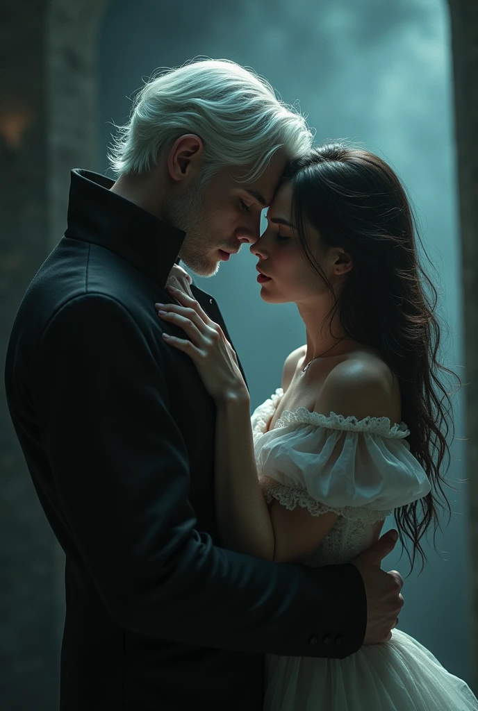 Sexy withe haired vampire having an intimare moment hugging a girl