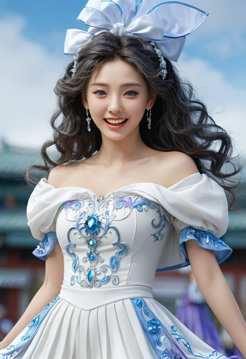 korean,realistic, masterpiece, final details, photo realistic, intricate details, octane rendering, 8k, 1 girl, perfect face, pretty face, NSW Sports Federation, Slot Reference, detailed hair,, black curtsey, black Gloves, black legs, blue eyes, blue hair, curtsey, clavicle, skirt, Drilling hair, flounce, flounce, Gloves, Gwen, headskirt, high resolution, long hair, open your mouth, puff sleeves, purple eyes, laugh, lonely, white skirt, oily skin,