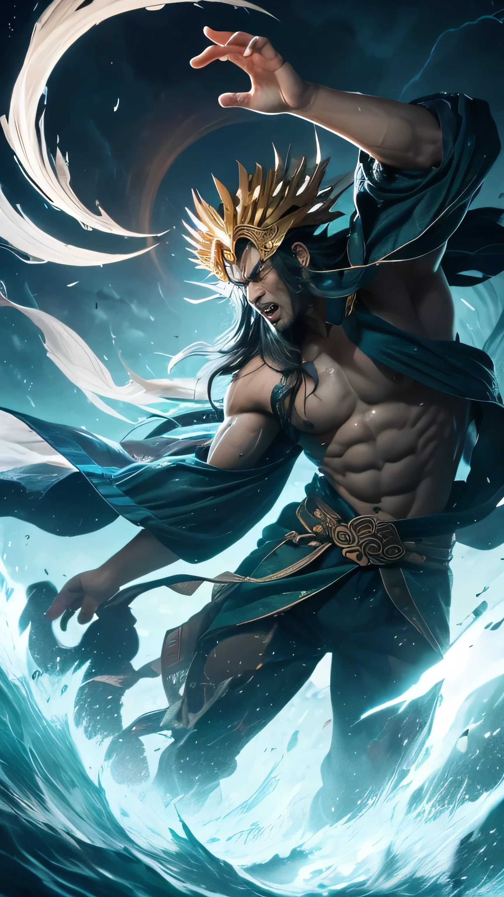 "Depict Fujin, the Japanese god of wind, with all his iconic features and appearance as described in traditional Japanese mythology and art. He stands as a muscular and powerful figure, with a body that exudes strength, symbolizing his control over the winds. His skin is either a deep green or blue, representing his connection to the natural elements of wind, sky, and vegetation.
Fujin's face is fierce and intimidating, with large, piercing eyes, sharp brows, and a wide, expressive mouth that often appears to be blowing wind. His hair is wild and unruly, flowing in all directions as if caught in a constant gust, visually emphasizing his dominion over the wind. His mouth is usually open wide, from which powerful gusts of wind are imagined to emerge, showcasing his role as the deity of the wind.
He wears minimal clothing, often depicted in simple, flowing garments that reveal his muscular physique. These garments are loosely draped, allowing them to be easily swept up by the wind, further enhancing the dynamic and powerful image of the god. Around his body, he carries a large, billowing cloth or band that twists and turns in the wind, adding to the sense of movement and energy.
On his head, Fujin might wear a crown or have small horns, symbolizing his divine and fearsome nature. His most distinctive feature is the large wind sack he carries over his shoulder—this sack is filled with powerful winds that he controls. The sack is often depicted as large and weathered, bulging with the pent-up energy of the winds inside. When he opens the sack, the winds are released, creating storms or powerful gusts.
The background typically features a stormy or wind-swept landscape, with swirling clouds, bending trees, and an overall sense of chaos and energy. Fujin's presence dominates the scene, as the master of the winds, often depicted in contrast to his counterpart, Raijin, the god of thunder, with whom he works to control the natural forces.
The overall image should capture