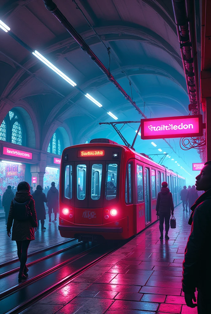 Create an illustration of a Brussels metro station in a cyberpunk style inspired by *Cyberpunk: Edgerunners*. The station, though futuristic, retains distinctive Brussels elements, such as French and Dutch signs and Art Nouveau architectural details. At the center of the image, a typical Brussels metro car, with its recognizable design, is modified by futuristic touches such as LED lights and holographic screens. The scene is bathed in neon hues of purple, blue and pink, creating a vibrant, slightly dystopian atmosphere.

To the right of the image, a digital signpost indicates the stops, with "Saint-Guidon" clearly displayed, reinforcing the scene's Brussels identity. Passengers, dressed in a style mixing cyberpunk and contemporary fashion, include people with cybernetic implants. Animated advertising holograms float around the platforms, and futuristic graffiti adorns the walls, adding to the atmosphere of urban decay in a technologically advanced setting.