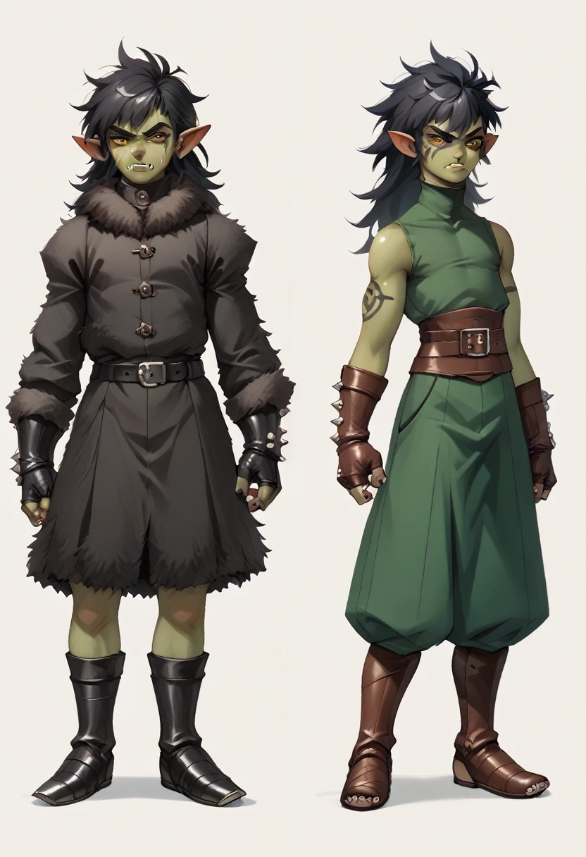  a Young adult berserker half orc jacked femboy dnd marauder jade skin, equipped with a black blade curse sword,thick,adventurer suit,fur coat in an 90’s style. He’s a young man with long hair,long ponytail messy hair, a serious expression,dynamic poses.The scene has a adventurous,dark mood,Lodoss war/planescape torment/Berserk style and a vibrant tone.