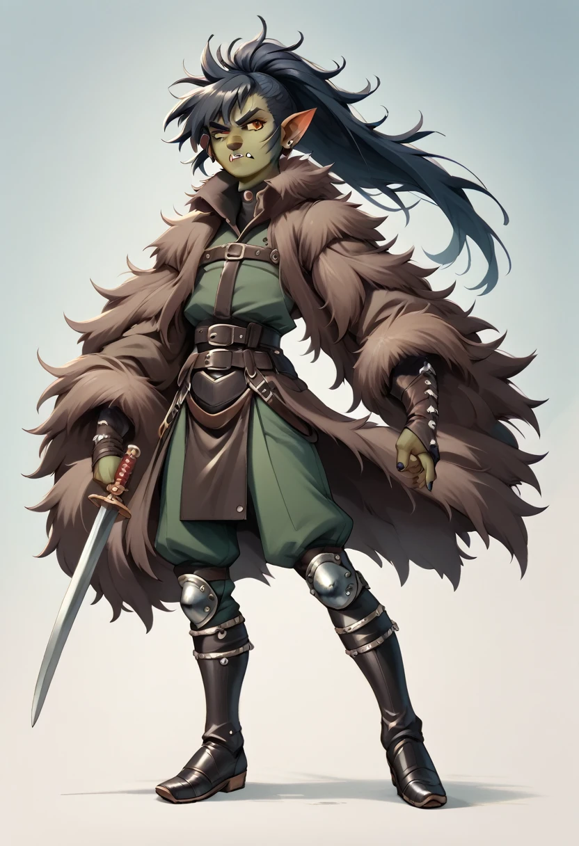  a Young adult berserker half orc jacked femboy dnd marauder jade skin, equipped with a black blade curse sword,thick,adventurer suit,fur coat in an 90’s style. He’s a young man with long hair,long ponytail messy hair, a serious expression,dynamic poses.The scene has a adventurous,dark mood,Lodoss war/planescape torment/Berserk style and a vibrant tone.