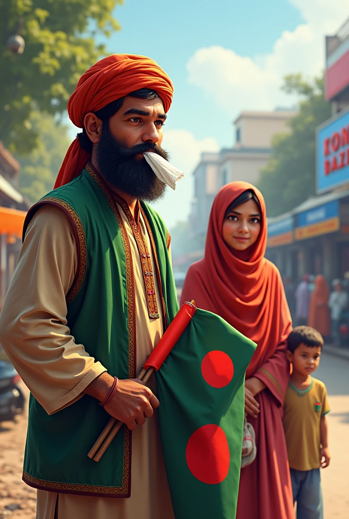 A 27 years old beard boy with panjabi, with cloth in mouth, a 18 years old burka niqab hijab girl and a 3 boy on busy road with Bangladesh flag in hand, infront of a place named "Konabari Gazipur"