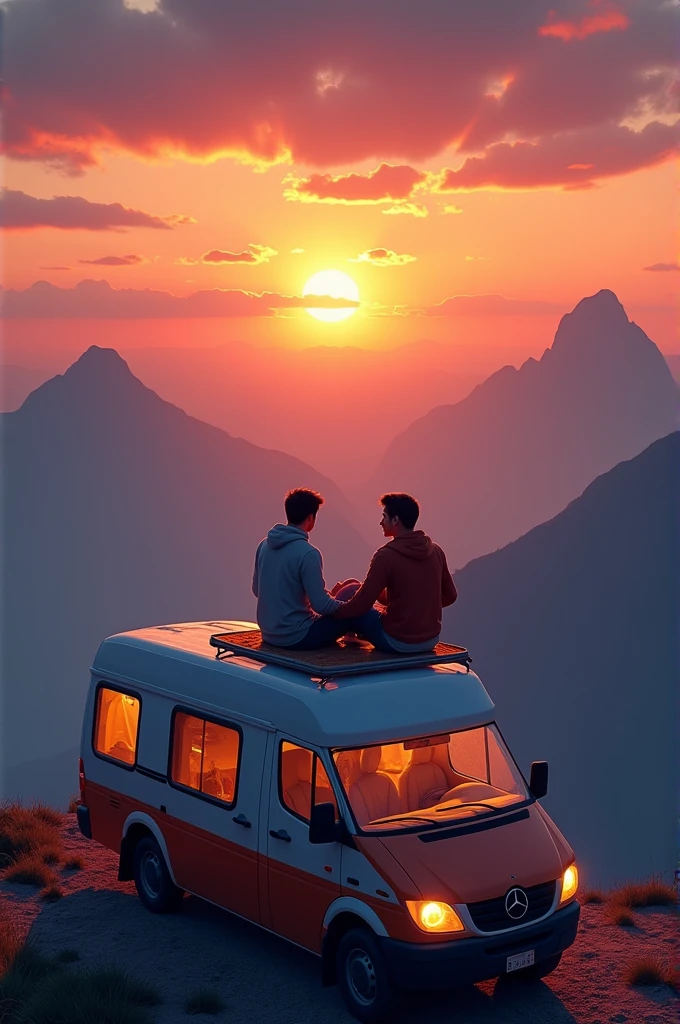 Two guys setting on the camper van and enjoy beautiful Sun set from the top of mountain 