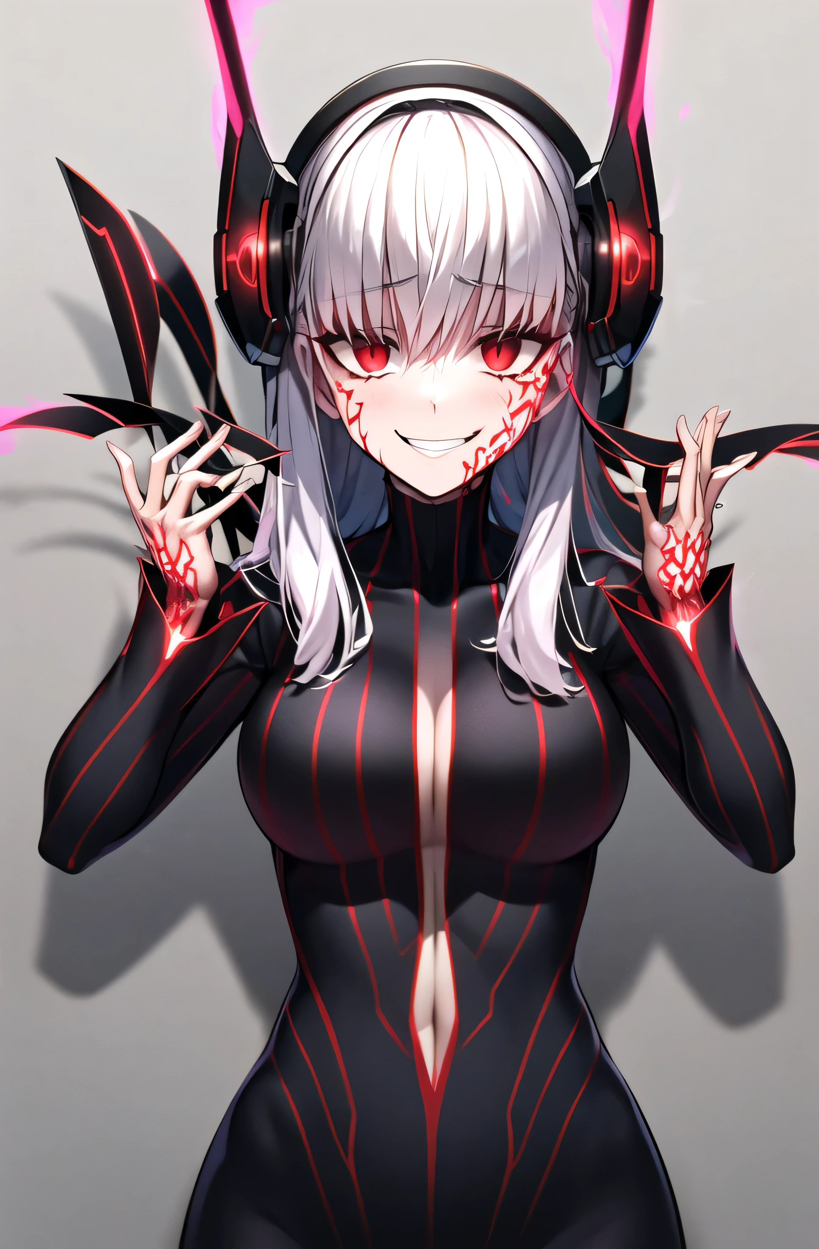 ((masterpiece,Highest quality, detailed)), One girl, alone,
, night, , Portraiture, Cowboy Shot, Dark Sakura,Wicked Smile， Anxious smile, Hair Ribbon, Hollow Eyes, Plug Suit, Bodysuits, black Bodysuits, Pause, Fits perfectly to the skin, Striped, cyber punk, Put your finger to your mouth, Body pattern,shaded face(eyes in shadow),Grin