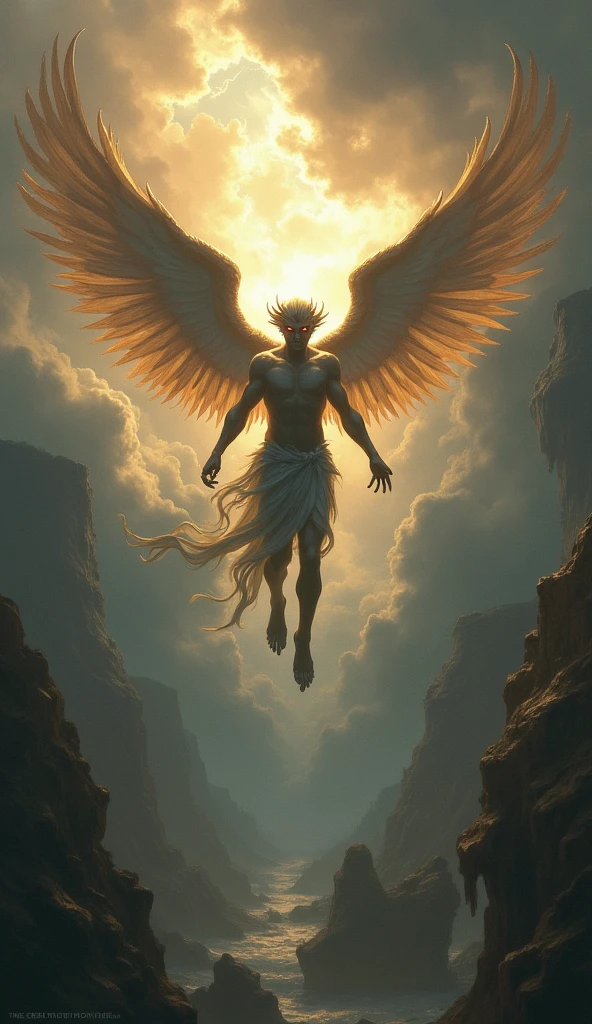 Make an image of Lucifer, an angel falling with lots of tricks, trying to imitate God with an evil expression on his face