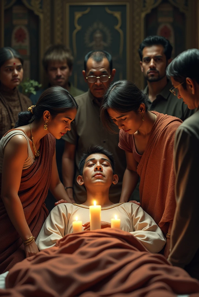 A somber scene of Ramanujan’s family and friends mourning by his bedside in a traditional Indian home. In 3d style