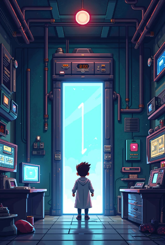 Pixel play style, teleport device, basement, future technology, pixel art