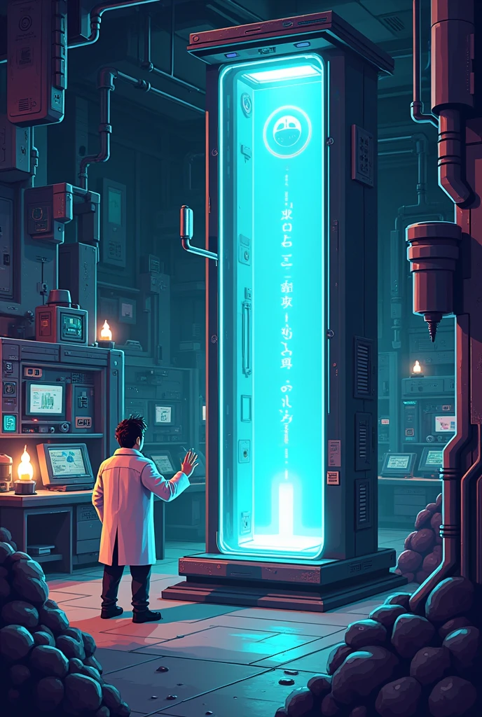Pixel play style, teleport device, basement, future technology, pixel art