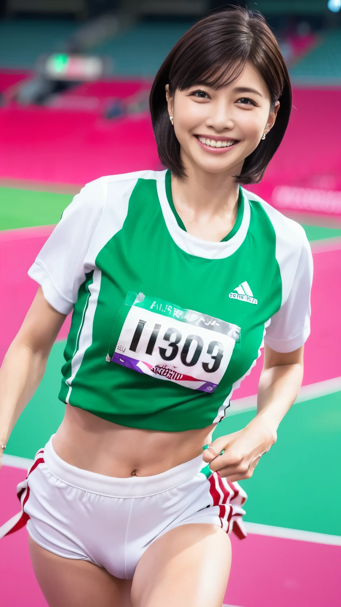 8k、Ultra-high resolution、Highest quality、masterpiece、Realistic、Ultra-high resolution、High-definition RAW color photos、Professional photos、real、photo realistic、Vivid lighting、Natural skin texture、Fine skin、Hyperrealism、Intricate details、Depth of written boundary、Adult women、masterpiece、Highest quality、High Detail、Eye highlights、Lip gloss、((Cute smile、Short Hair、Marathon runner、Definitely an athletics stadium、Be sure to wear a separate white track and field uniform、Always wear black competition bloomers、必ずFull body running pose:1.4))、running shoes、((Be sure to wear high-cut bloomers for competitions.:1.5)),((gigantic breast,A long chest that hangs down quite a bit,Underboob,Always running:1.3))