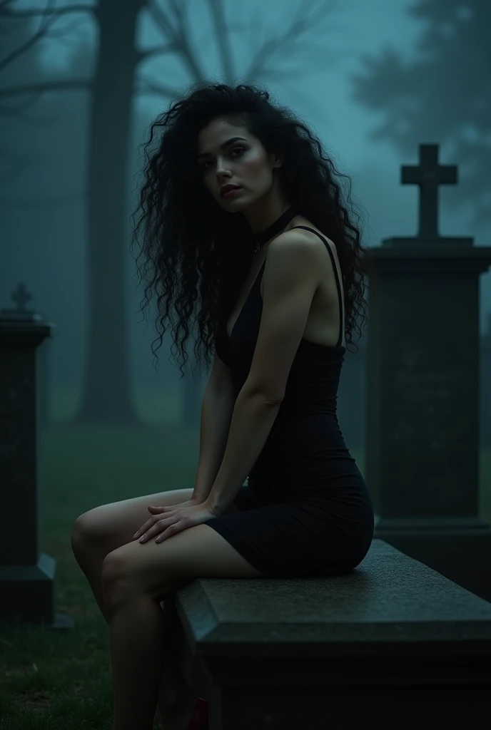 A mature woman with long, curly black hair. Her athletic physique is accentuated by her toned physique. She wears lingerie, high heels, a leather choker with chain, and a mini dress. A delicate push-up bra complements her slender figure. Shadows are very dark and very mysterious. The woman poses seductively on a dimly lit cemetery at night, shrouded in mist. The photo and subject exude realism. posing on grave between tombstone.
