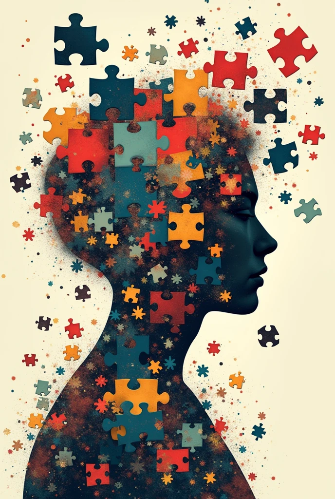 A messy mix of puzzle pieces scattered all over the screen, with each piece representing a different aspect of life (e.g., work, relationships, health, etc.). Illustration Drawing Stoicism