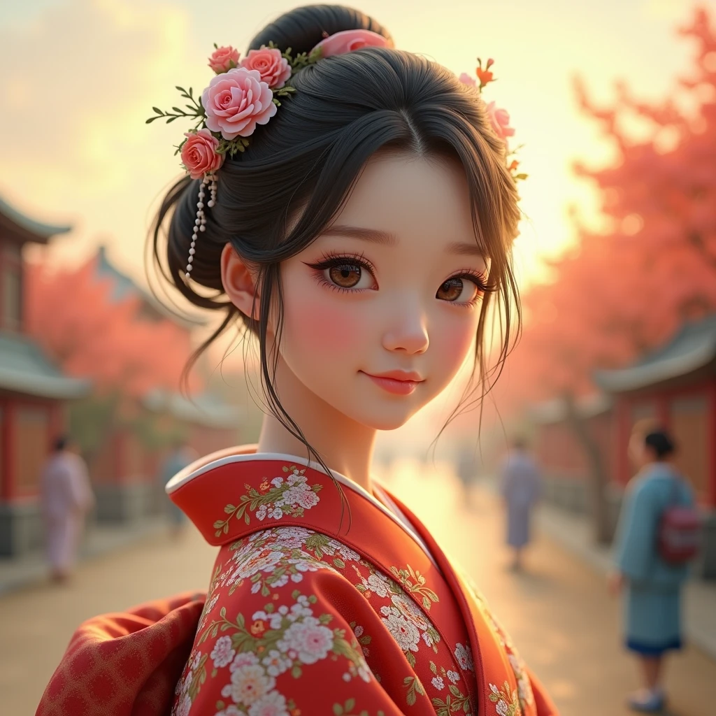 One person,sweater,White Background,Highest quality,High resolution,Photorealistic photography,A cute 20-year-old Japanese woman wearing a vibrantly colored colorful kimono,The woman has a lovely smile,Extremely intricate kimono patterns and delicate facial features,Long eyelashes are characteristic,The eyes are depicted in great detail,Beautiful natural light illuminates with warm tones,Detailed background scenery spreads,4K,8K Highest quality,Extremely detailed and realistic HDR images,The vibrant colors are rendered like a professional photograph.