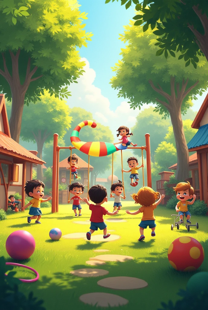 A vibrant outdoor play area at a play school, featuring children playing on swings, slides, and seesaws. The ground is covered with soft grass, and there are large, colorful balls and hula hoops scattered around. A group of kids is having fun with a parachute, while others are riding tricycles and playing tag. The scene is sunny, lively, and full of energy. Create a image realistic
