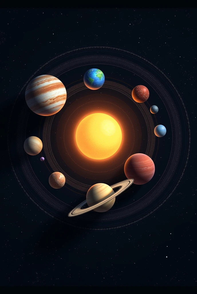 Make accurate solar system portrait showing the following 
 
Sun (center)
Mercury (first orbit)
Venus (second orbit)
Earth (third orbit)
Mars (fourth orbit)
Asteroid belt (between 4th and 5th orbit)
Jupiter (fifth orbit)
Saturn (Sixth orbit)
Uranus (seventh orbit)
Neptune (eighth orbit)