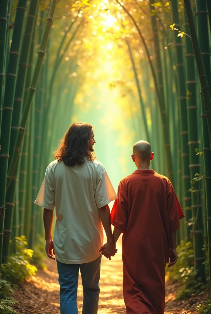 viewed from the top. Jesus Christ and a Japanese man walking through a bamboo forest in Kyoto. they are shining. surrounded by rainbow colored light. Jesus is wearing a white t-shirt and blue jeans. Jesus of Nazareth is portrayed as a gentle man, gentle man with shoulder length hair. Her wavy brown hair falls over her shoulders. Your face conveys deep wisdom and empathy, radiating warmth and understanding. The other man is depicted as a kind-hearted Japanese man with a Buddha-like shaved head and a gentle expression., happy expression. The Japanese man's face conveys deep wisdom and empathy, and as he guides Jesus with his hands, he radiates warmth and understanding. fot, close up, highy detailed, Trends in the art season, sharp focus, studio photo, details Intricate, Greg Rutkowski,