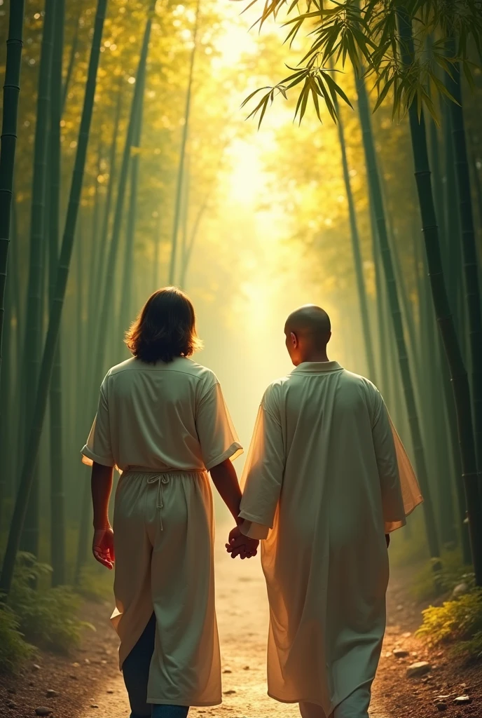 viewed from the top. Jesus Christ and a Japanese man walking through a bamboo forest in Kyoto. they are shining. surrounded by rainbow colored light. Jesus is wearing a white t-shirt and blue jeans. Jesus of Nazareth is portrayed as a gentle man, gentle man with shoulder length hair. Her wavy brown hair falls over her shoulders. Your face conveys deep wisdom and empathy, radiating warmth and understanding. The other man is depicted as a kind-hearted Japanese man with a Buddha-like shaved head and a gentle expression., happy expression. The Japanese man's face conveys deep wisdom and empathy, and as he guides Jesus with his hands, he radiates warmth and understanding. fot, close up, highy detailed, Trends in the art season, sharp focus, studio photo, details Intricate, Greg Rutkowski,