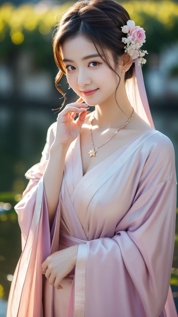 Superb Quality, Masterpiece, High Resolution, 1Girl, Blush, (Seductive Smile: 0.8), Star Pupil, Chinese Hanfu Lilac, Hair Accessories, Necklace, Jewelry, Beauty, on_body, Tyndall Effect, Realism, Lotus Pond, Light Edge, Two-tone Lighting, (High Detail Skin: 1.2), 8K UHD, DSLR, Soft Light, High Quality, Volume Lighting, Candid Photo, High Resolution, 4K, 8K, Background Bokeh